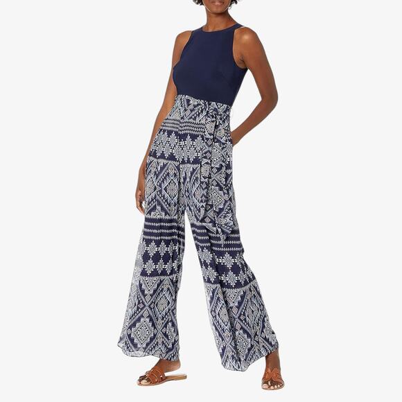 Vince Camuto Wide Leg Jumpsuit Navy White Heritage Print Size 8 Boho - Picture 1 of 9